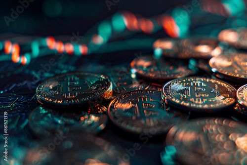 a pile of coins with bitcoins on it