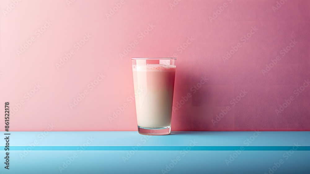 Glass of milk, pink and blue background, minimalistic, pastel colors, refreshing beverage, clean design, dairy drink Glass of milk, pink and blue background, minimalistic, pastel colors, refreshing beverage, clean design, dairy drink