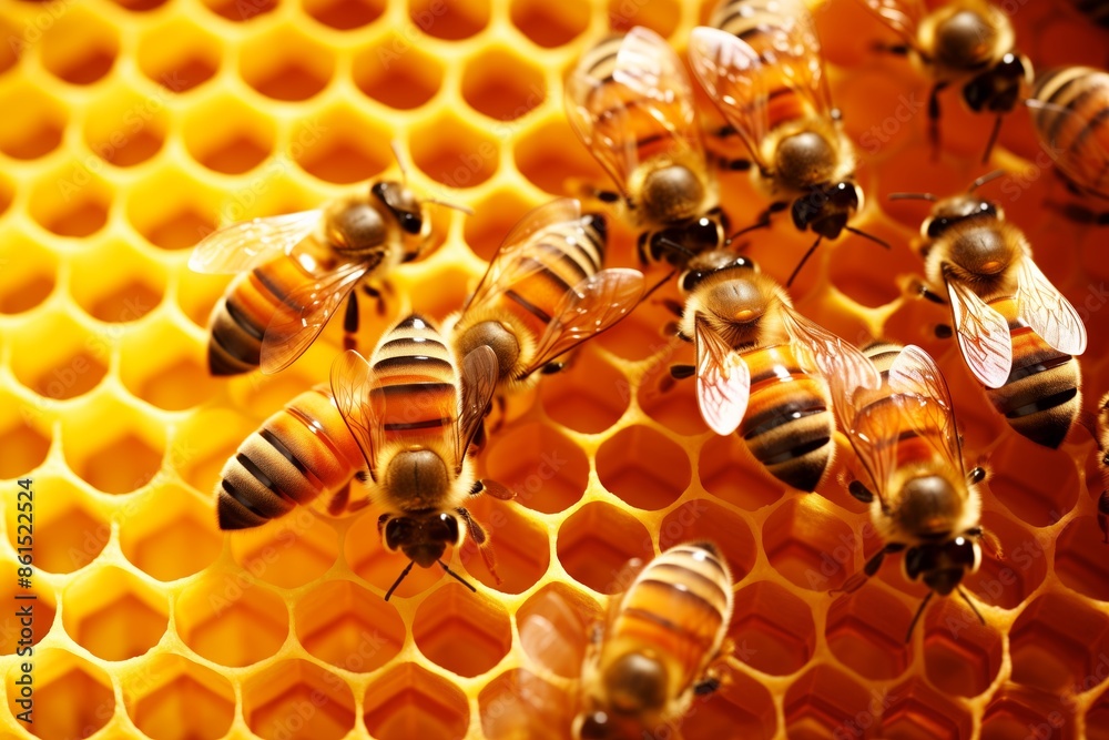 A cluster of bees engaged in various tasks on a honeycomb, showcasing the complexity and collaboration within a bee hive's ecosystem. A cluster of bees engaged in various tasks on a honeycomb, showcasing the complexity and collaboration within a bee hive's ecosystem.