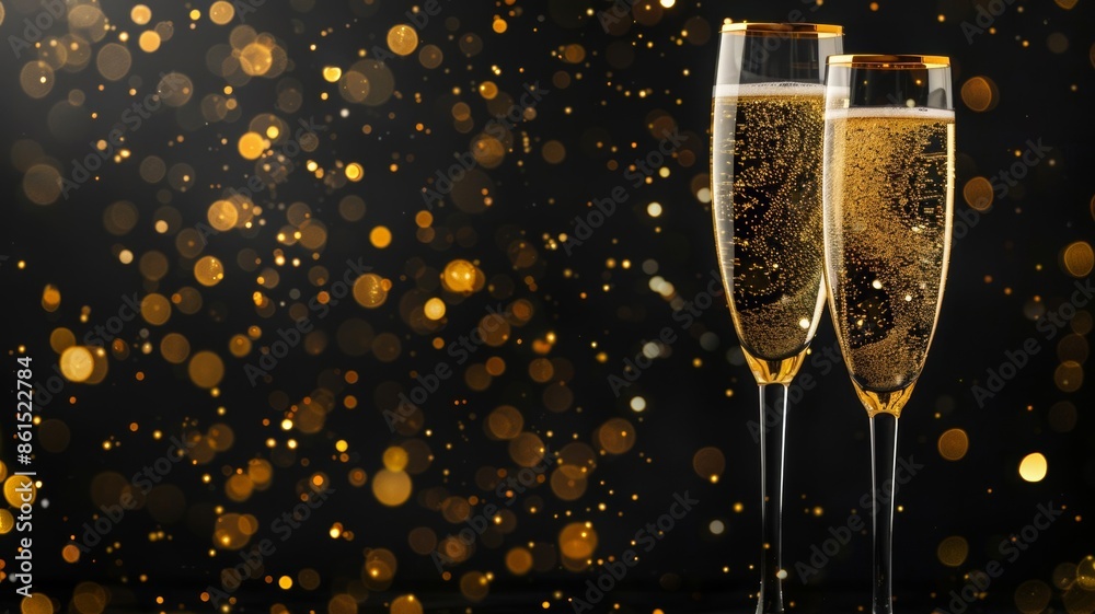 Two glasses of champagne against a black and gold Christmas background. The concept of New Year and Christmas, background with a place for text
Two glasses of champagne against a black and gold Christmas background. The concept of New Year and Christmas, background with a place for text