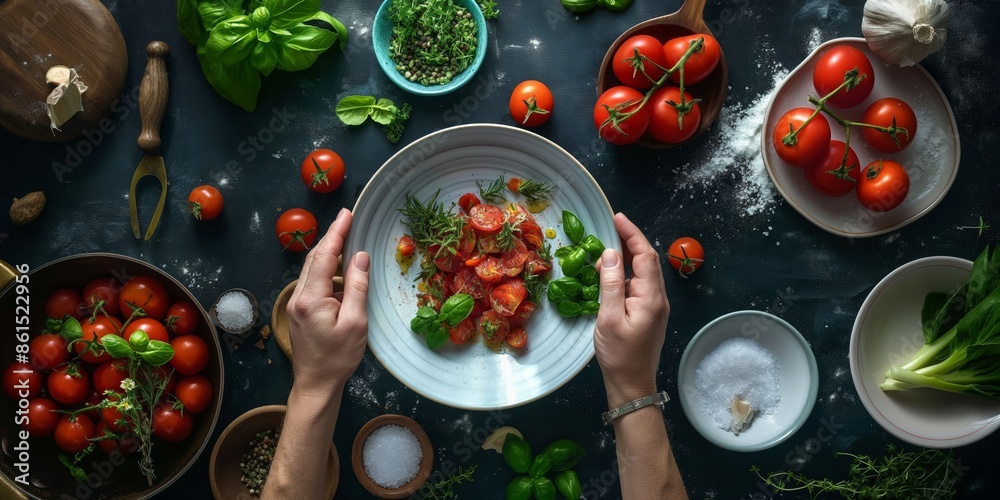 Hands skillfully arranging fresh ingredients, including tomatoes and herbs, into a bowl for a vibrant and healthy salad, highlighting home-cooking.