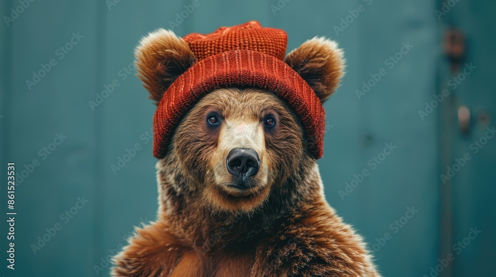 An adorable bear is seen wearing a cozy red knitted hat, staring directly at the camera with endearing eyes, capturing a heartwarming and whimsical moment. An adorable bear is seen wearing a cozy red knitted hat, staring directly at the camera with endearing eyes, capturing a heartwarming and whimsical moment.