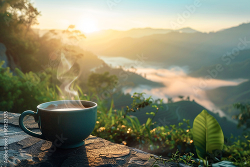 a cup of coffee on a ledge overlooking a valley