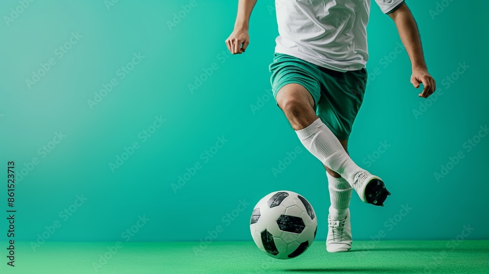 Fototapeta premium Dynamic Action Shot of Soccer Player with Ball Against a Green Background