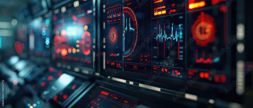 Fototapeta premium Conceptual image of a digital control panel monitoring hemostasis procedures with ample copy space