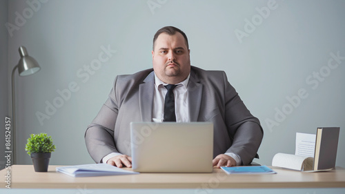 Overweight man sitting at desk with laptop, wearing suit and tie, looking serious. Capturing professionalism, concentration, and office environment in corporate setting