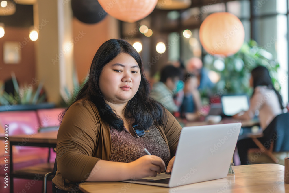 Fototapeta premium Overweight woman working on laptop in a busy cafe, focused and writing notes. Capturing productivity, concentration, and modern work environment in a social setting