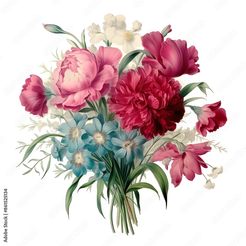 Obraz premium Elegant bouquet of peonies and wildflowers in pink, red, blue, and white, beautifully arranged for decorative purposes.