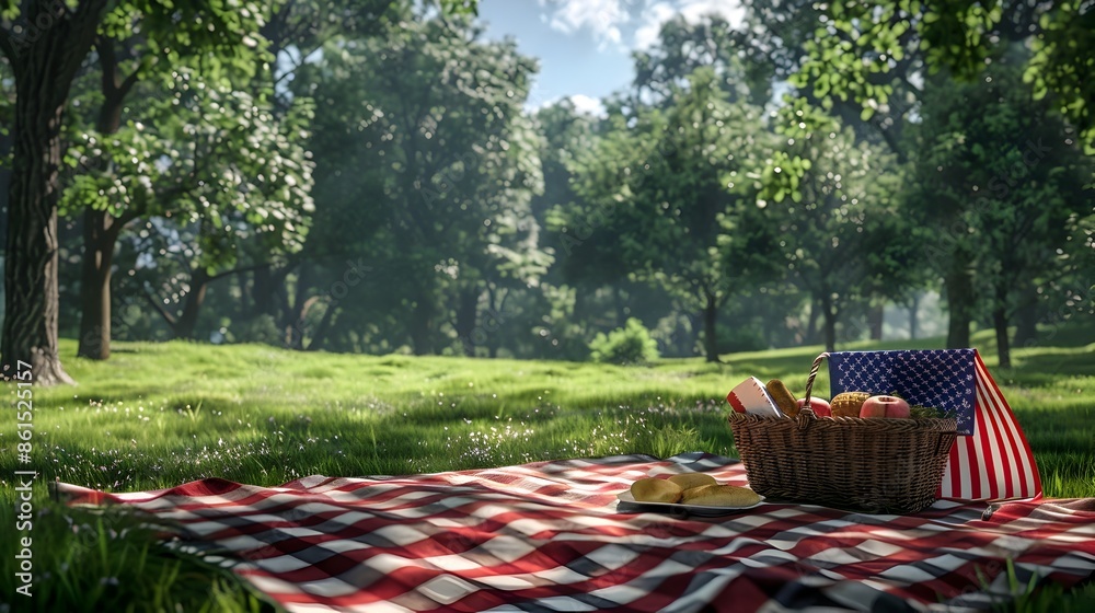 Picnic Blanket with Basket and American Flag in Minimalist Art Picnic Blanket with Basket and American Flag in Minimalist Art