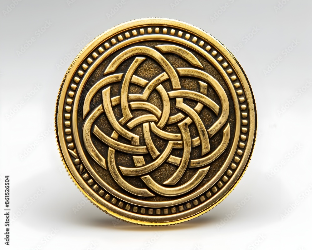 Intricate Celtic Knot Patterned Golden Coin with Shimmering Details on White Background Intricate Celtic Knot Patterned Golden Coin with Shimmering Details on White Background