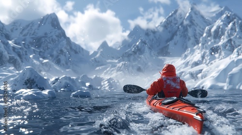 An explorer in a red kayak paddles through pristine icy waters surrounded by dramatic snow-covered peaks under a bright and clear sky, capturing the essence of adventure and beauty.