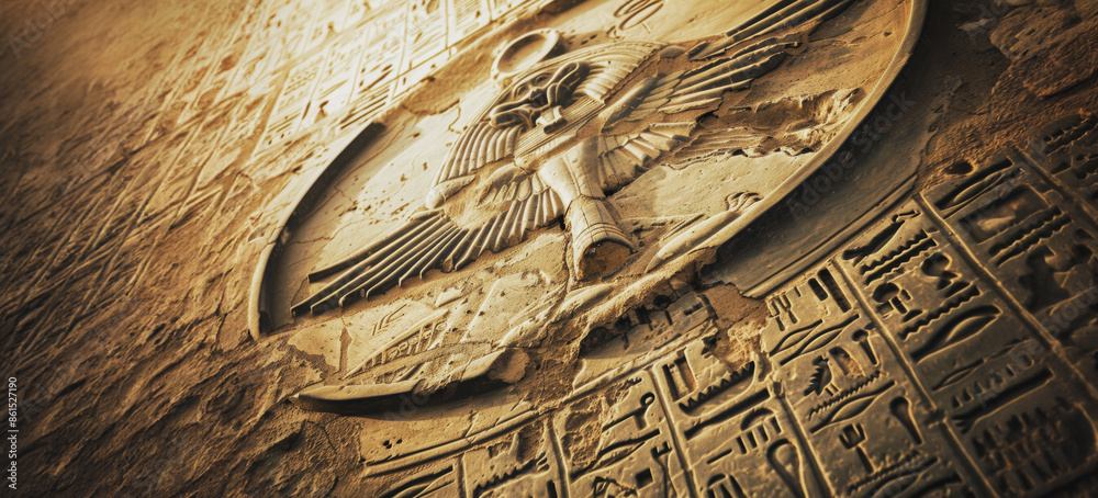 Ancient egyptian hieroglyphs depicting winged deity and ufo Stock ...