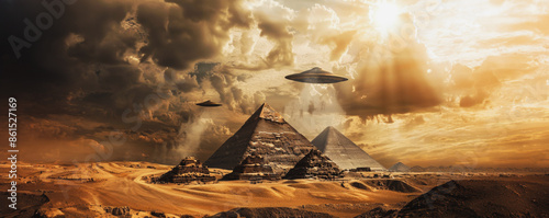 Ancient egyptian pyramids under alien ufos in the desert