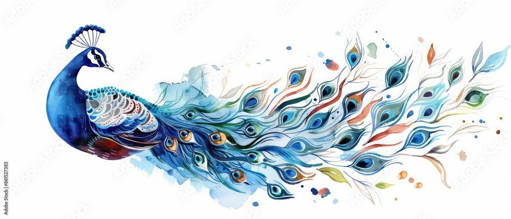 Cute peacock watercolor illustration on a white background, leaving space for text Cute peacock watercolor illustration on a white background, leaving space for text