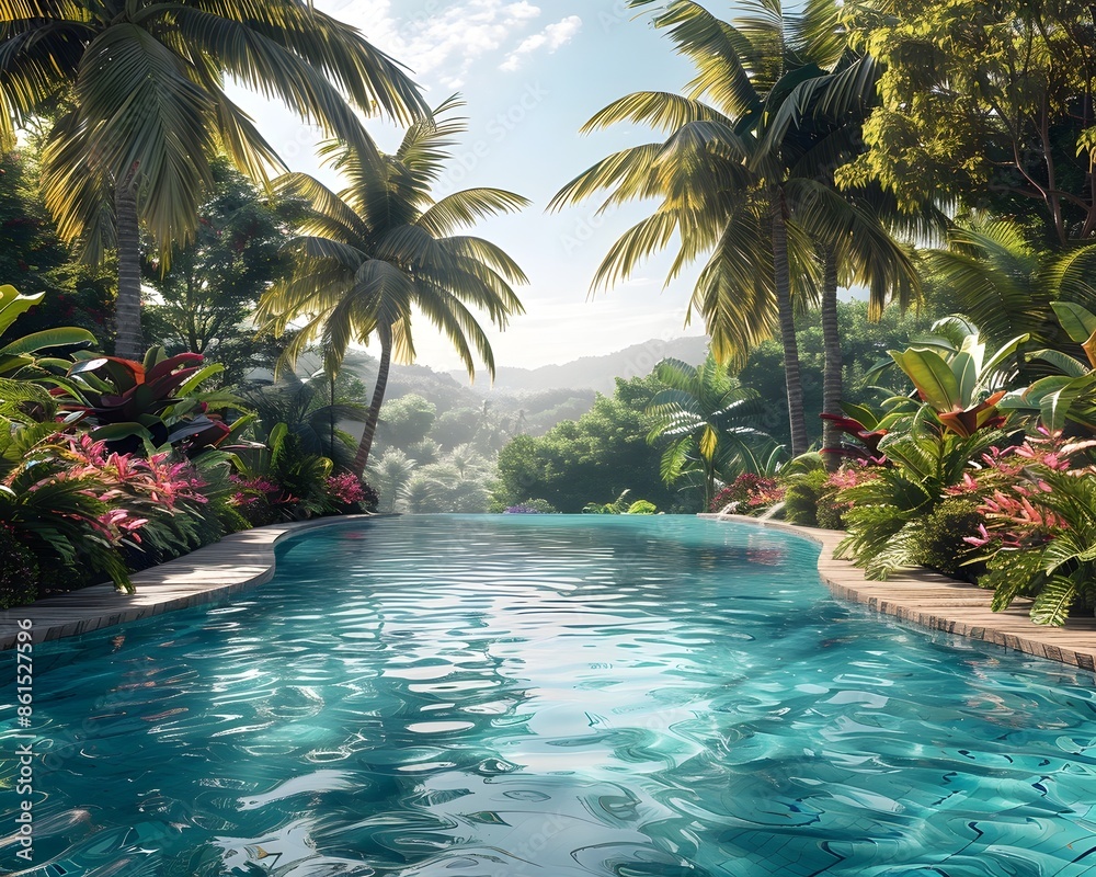 Fototapeta premium Lush tropical paradise with a serene pool surrounded by coconut palms and exotic flowers creating a perfect getaway concept