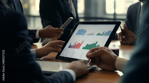 Teamwork process, business team using a table to sea growth rate on documents graph data, desk in the office.