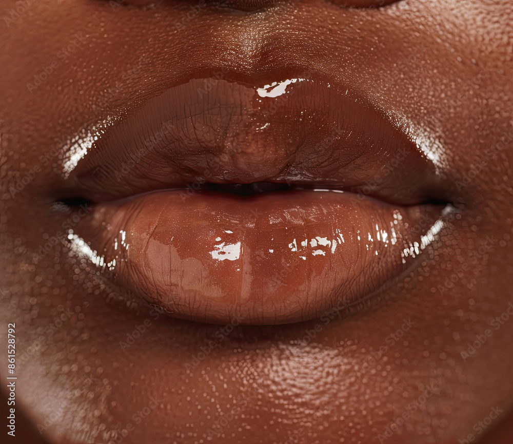 Obraz premium close-up of glossy, well-moisturized lips of an African American woman, highlighting rich texture and sheen, lips are slightly parted, showcasing their natural beauty and health