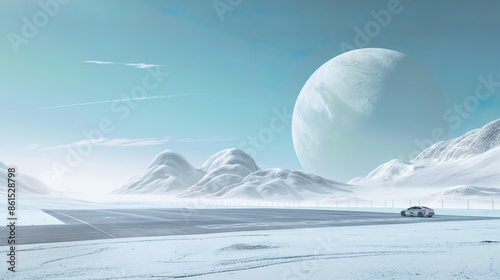futuristic technology, concept art of an alien planet with giant moon, land, desert and mountains in blue-grey tones photo