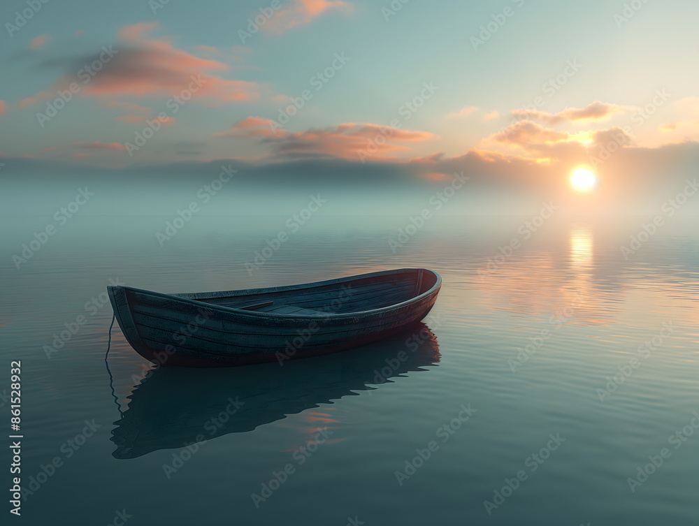 Solitary boat floating on a calm lake Solitary boat floating on a calm lake