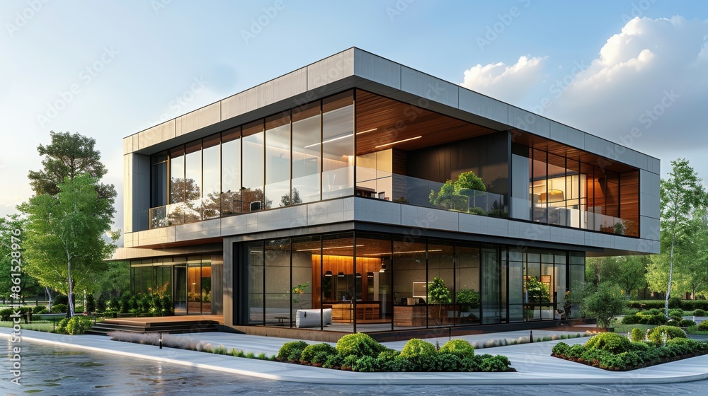 Fototapeta premium A stunning contemporary two-story building with expansive glass walls, modern architecture, and lush landscaping in a serene setting.