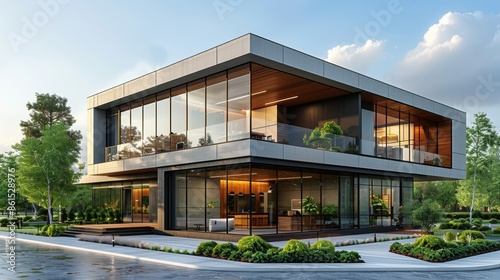 A stunning contemporary two-story building with expansive glass walls, modern architecture, and lush landscaping in a serene setting. © svastix