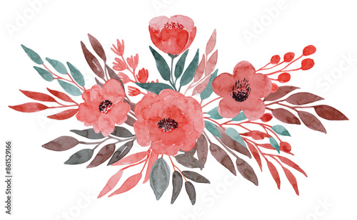 Set of watercolor floral bouquets of pink roses and leaves. watercolor arrangements with roses. garden pink flowers,  branches, botanic illustration isolated on white background