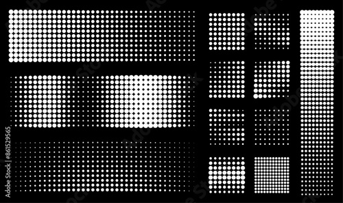 Trames Points background set. Black fading comic pop art overlay texture collection. Dotted halftone gradient vector pattern 