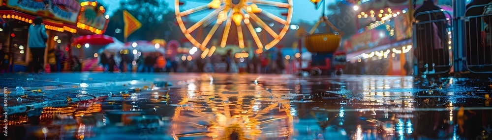 Rainy Evening at Carnival with Vibrant Lights Reflecting on Wet Pavement and Enjoying Rides Rainy Evening at Carnival with Vibrant Lights Reflecting on Wet Pavement and Enjoying Rides
