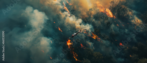 Firefighting helicopter drops water on a wildfire in a forest