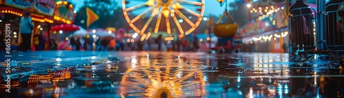 Rainy Evening at Carnival with Vibrant Lights Reflecting on Wet Pavement and Enjoying Rides