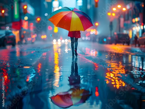 Rainy City Street at Night with Colorful Umbrella Reflecting Lights