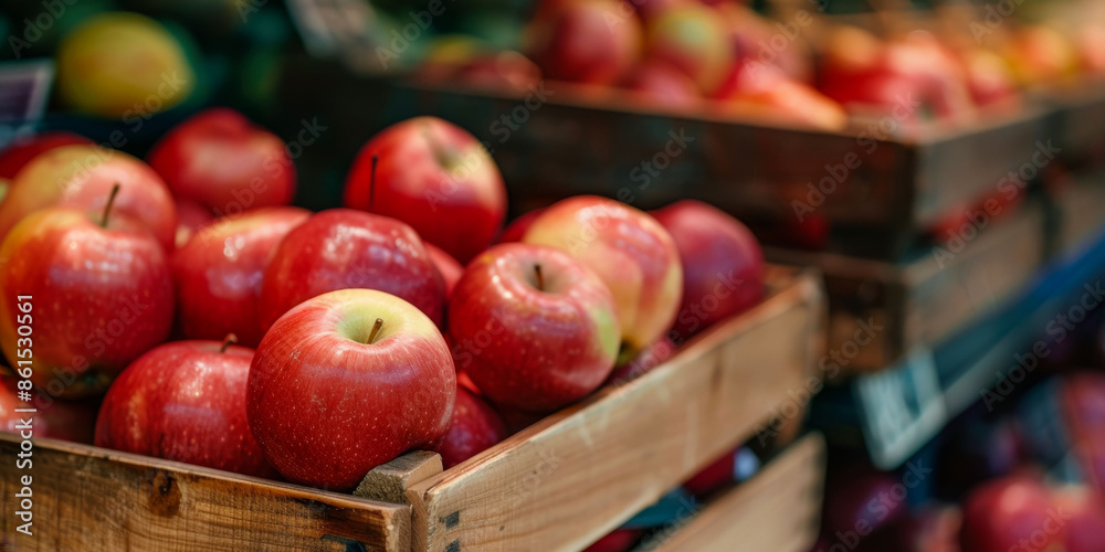 Wooden box with ripe red apples in the market close-up Wooden box with ripe red apples in the market close-up