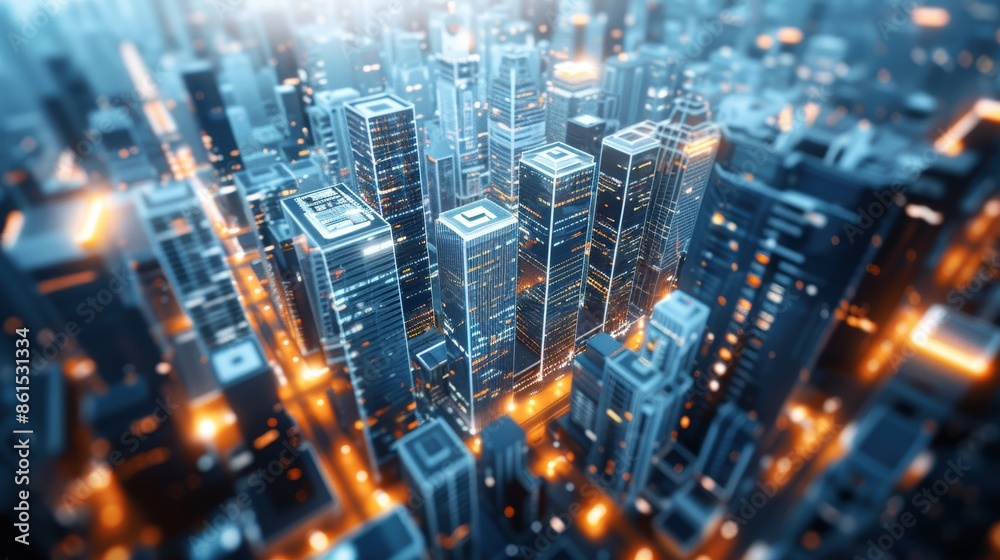 Obraz premium Aerial view of a futuristic cityscape at night, with tall skyscrapers illuminated by bright lights, showcasing modern urban architecture.