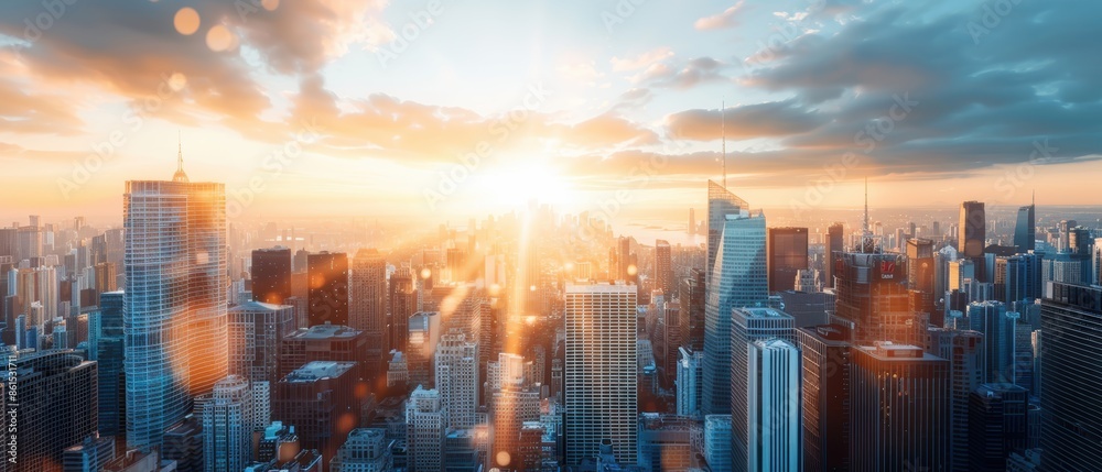 Fototapeta premium Breathtaking cityscape with a stunning sunrise over tall skyscrapers. Vibrant urban skyline with sunlight shining through buildings.