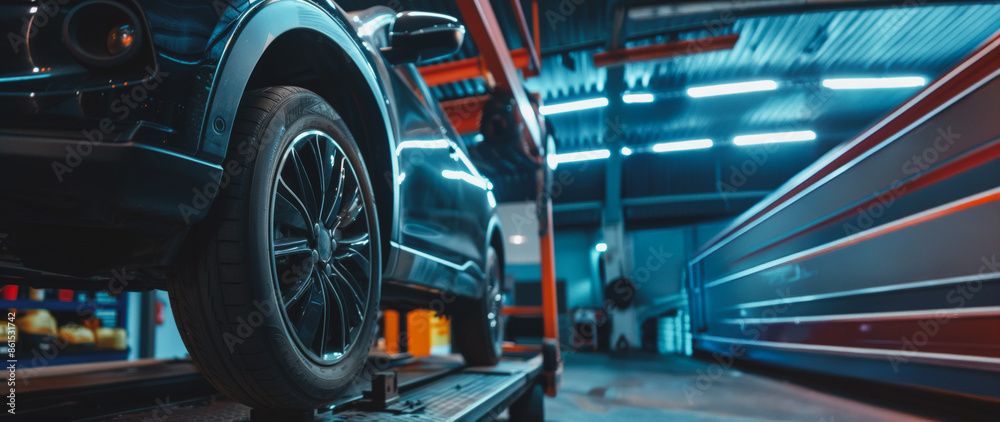 Fototapeta premium Black car on a lift at an automotive service center
