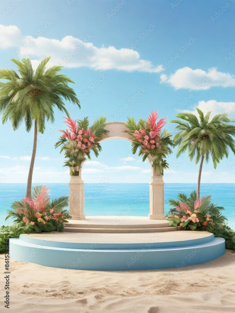Fototapeta premium Summer beach pedestal, simple round stand on the sand beach with tropical greenery. Product presentation concept. 