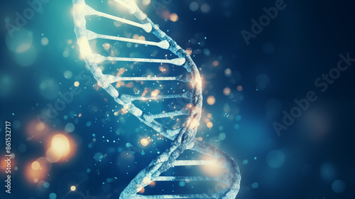 A close-up, artistic representation of a DNA double helix structure with glowing effects and a bokeh background.