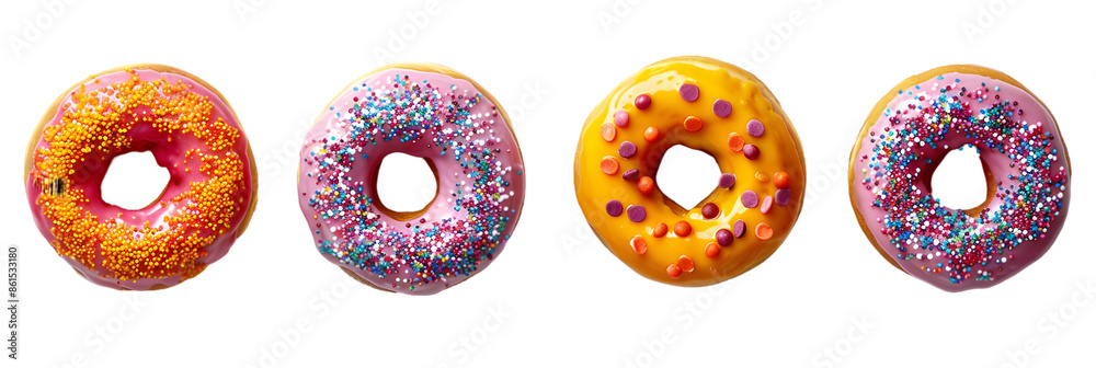 Fototapeta premium Four Donuts with Colorful Icing and Sprinkles