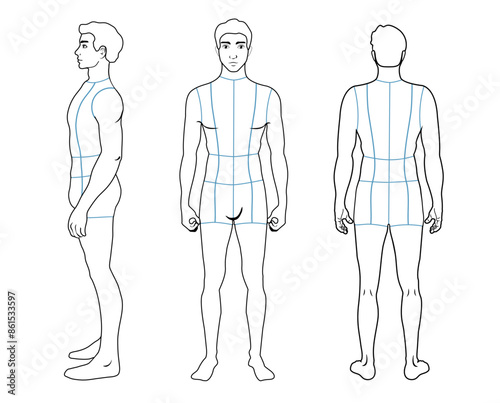 Male body mannequin. Template for fashion sketch ideas of men's clothing. Fashion design. Front, side and back view outline vector illustration