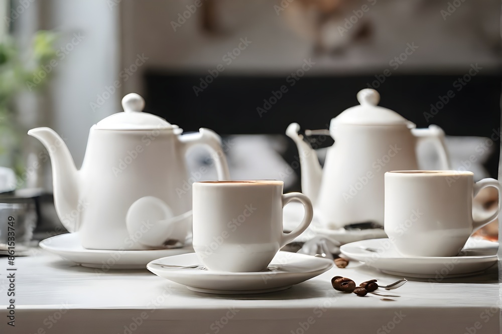 Set of different dishes and cups and saucers and coffee pot on white table top with blurred white kitchen interior Set of different dishes and cups and saucers and coffee pot on white table top with blurred white kitchen interior