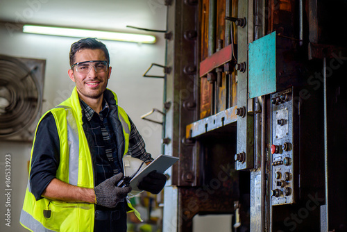 Caucasian engineer mechanic man checking for maintenance pressing metal machine by laptop at factory, worker at industrial concept	
