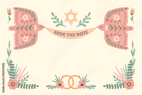 Jewish wedding festive concept. Birds, ribbon, star of David and flowers. Vector illustration in boho style.