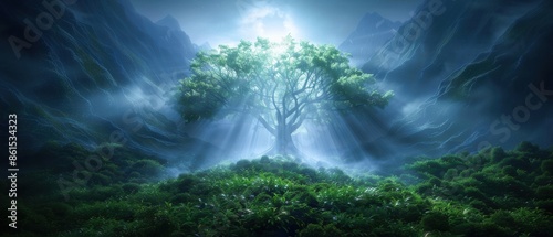 Mystical tree illuminated by ethereal light in a foggy, magical forest surrounded by lush greenery and misty mountains. © Purichaya