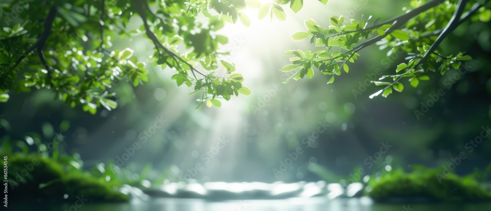 Fototapeta premium Serene forest scene with sunlight streaming through leaves, illuminating a tranquil pond surrounded by lush greenery.