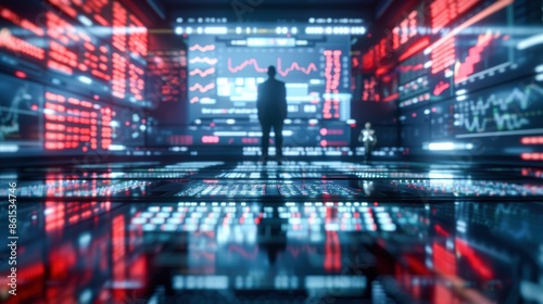 Wallpaper Mural Silhouette of a person standing before a screen filled with financial data and stock market charts, reflecting a dynamic trading environment. Torontodigital.ca