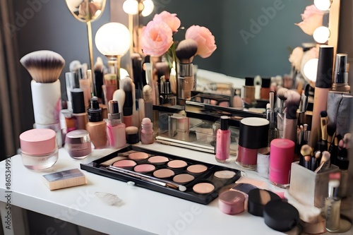 Set of makeup brushes and cosmetics on table