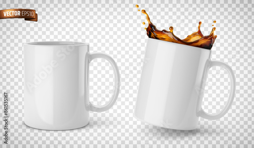 Vector realistic illustration of white ceramic mugs on a transparent background.
