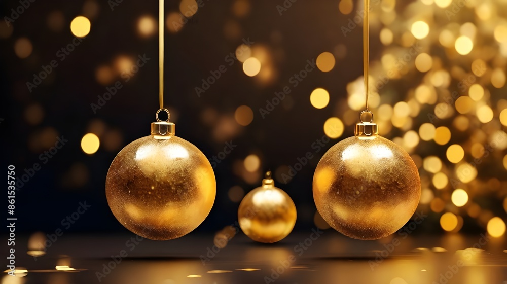 Two golden Christmas balls hanging bokeh background Generative AI Two golden Christmas balls hanging bokeh background Generative AI