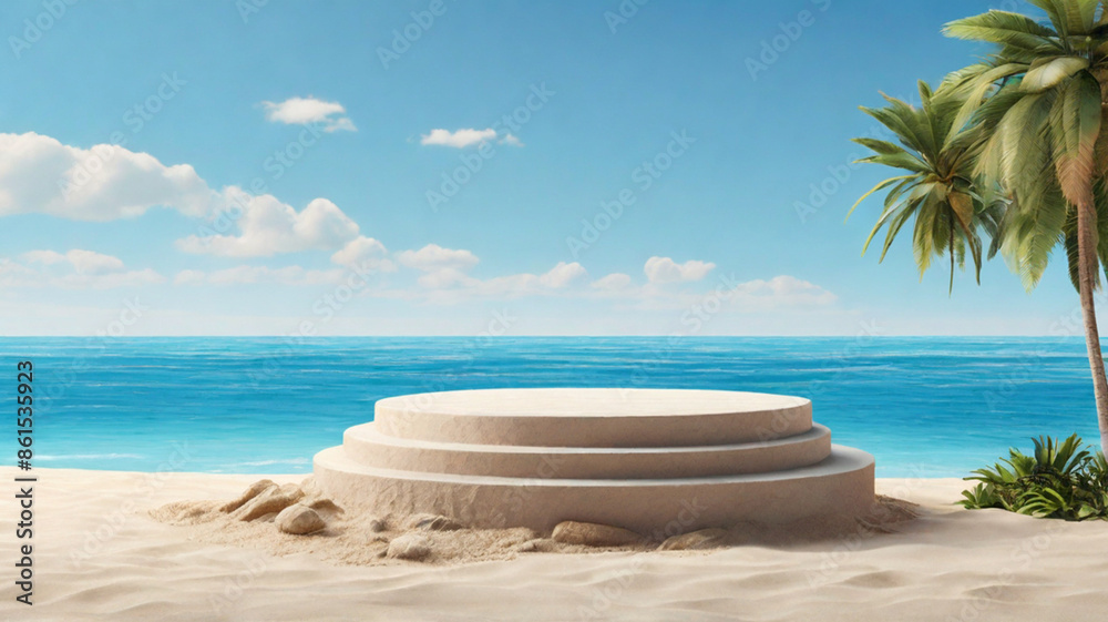 Fototapeta premium Summer beach pedestal, simple round stand on the sand beach with tropical greenery. Product presentation concept.