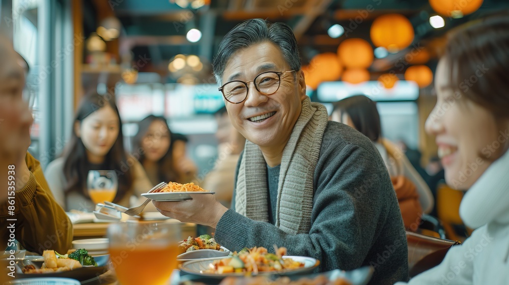 Collage concepts of different korean happy people in casual style and different age eating korean food Collage concepts of different korean happy people in casual style and different age eating korean food